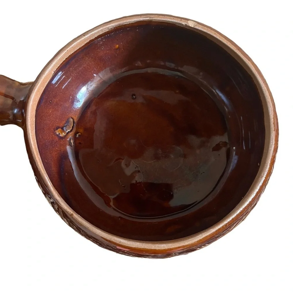 Vintage stoneware pot with lid brown beige handle oven safe cooking baking